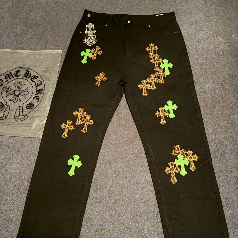 Chromeheart Jeans with Green and Brown Cross